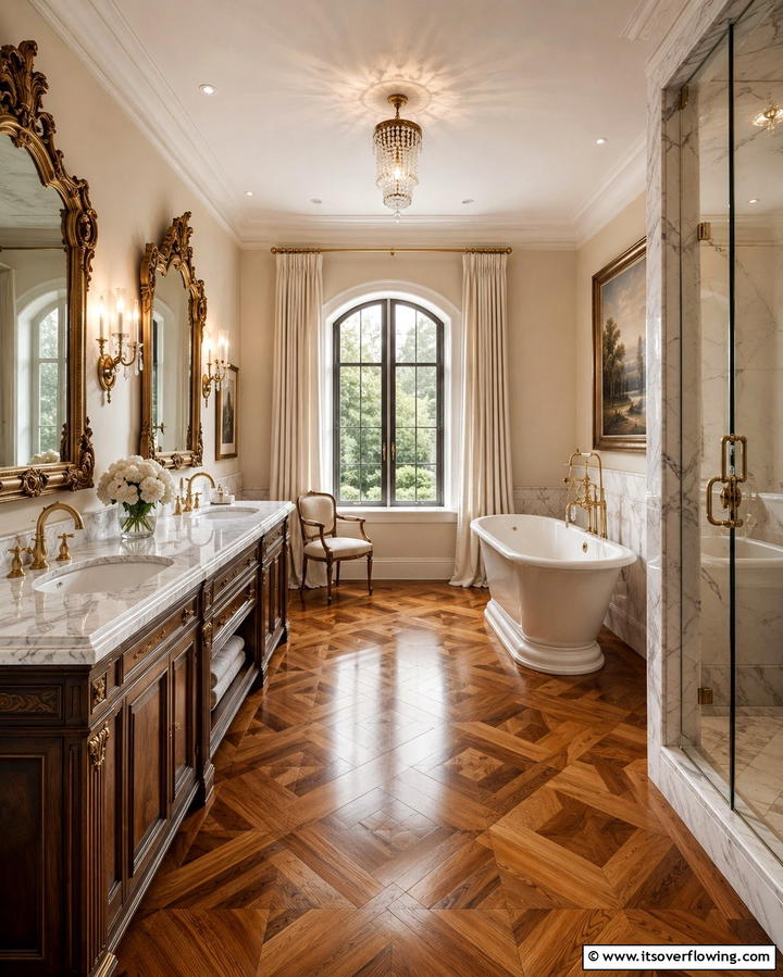 Parquet Flooring for Classic Elegance - 30 Wood Floor Ideas for Bathrooms- Warmth Meets Function