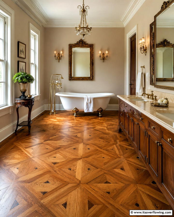 Parquet Wood Flooring - 30 Wood Floor Ideas for Bathrooms- Warmth Meets Function