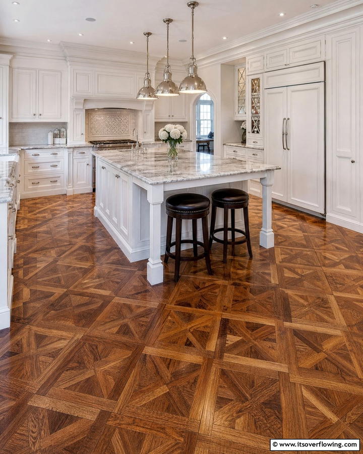 Parquet Wood Floors for Patterns and Sophistication - 20 Kitchens With Wood Floors for a Warm and Inviting Feel