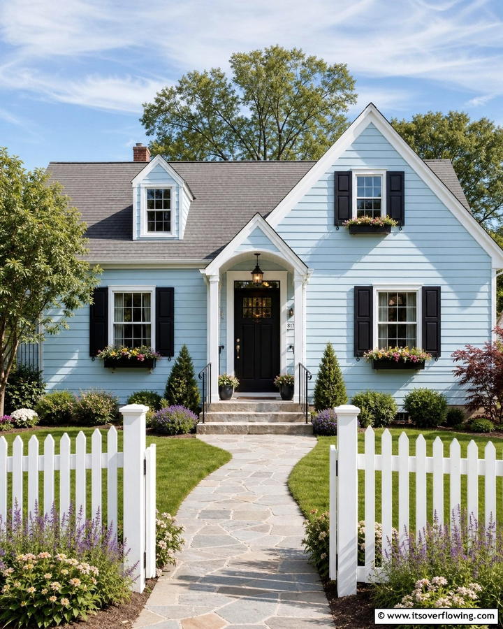 Pastel Blue with Black Trim Accents - 25 Blue House With Black Trim Ideas for a Striking Exterior
