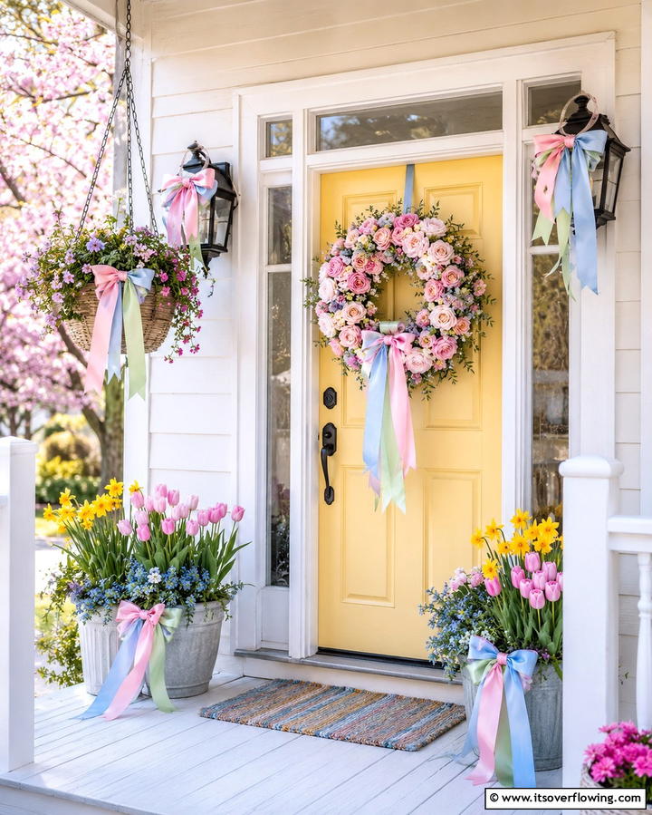 Pastel Colored Ribbon Accents - 20 Spring Front Door Decor Ideas to Welcome the Season