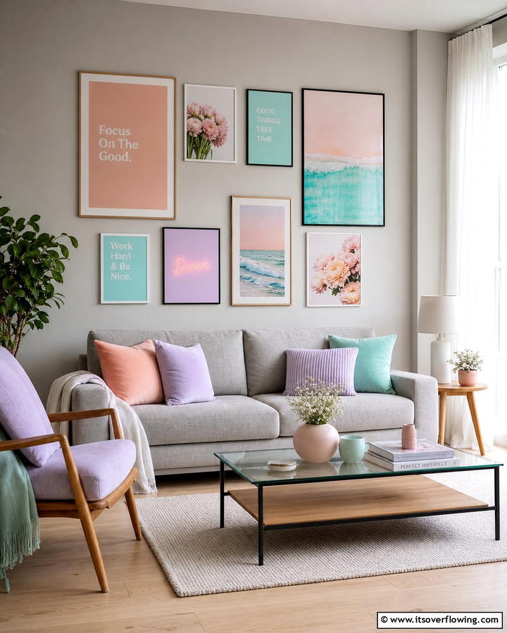 Pastel Gallery Wall - 25 Pastel Living Room Ideas for a Soft and Cozy Space