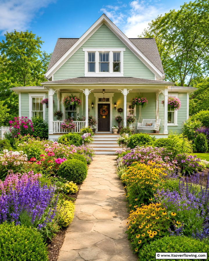 Pastel Green with Floral Landscaping - 25 Farmhouse Green Exterior Home Ideas for a Fresh Look