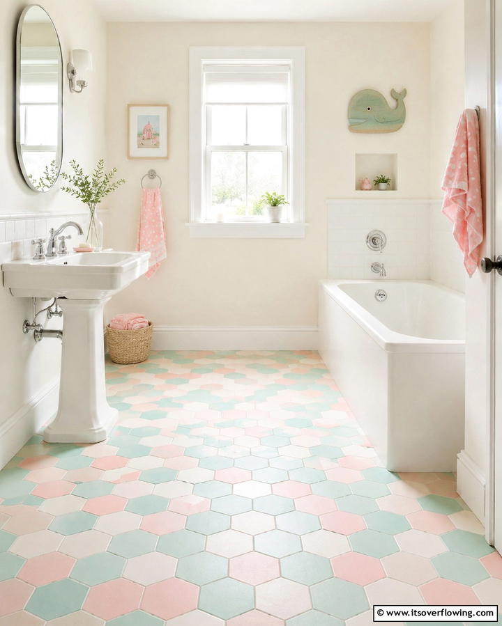 Pastel Hexagon Tiles for a Soft Look - 30 Bathrooms with Hexagon Tile Floor Design Ideas