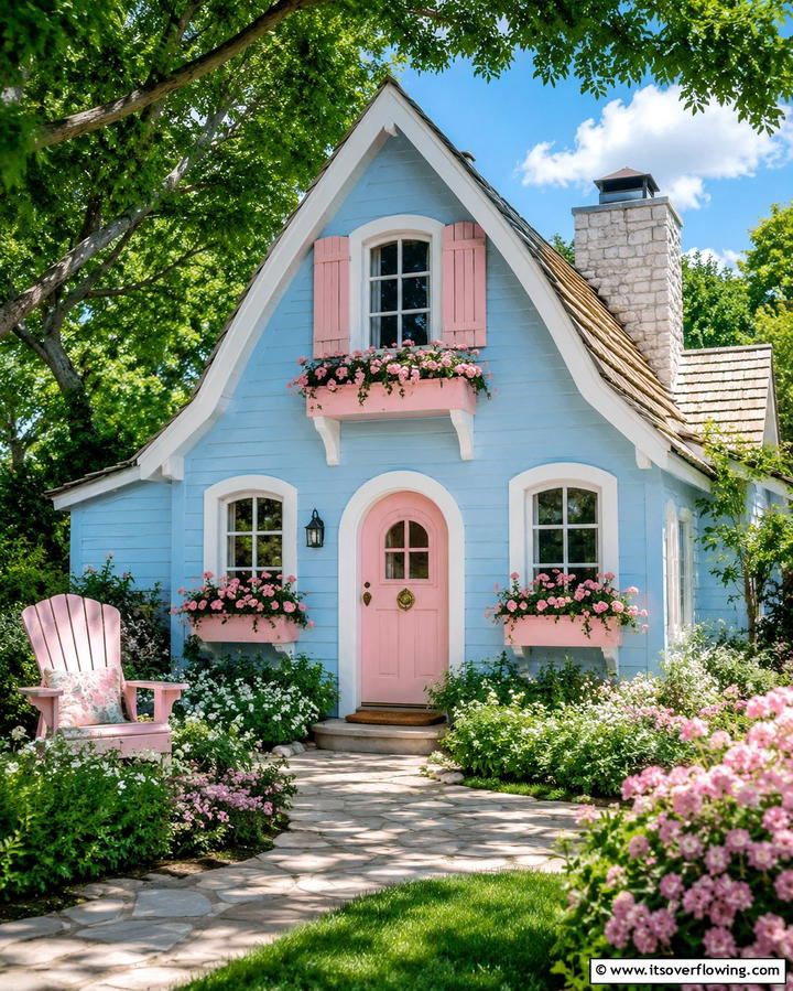 Pastel Palette with Pink Highlights - 25 Light Blue House Exterior Ideas for a Fresh Look