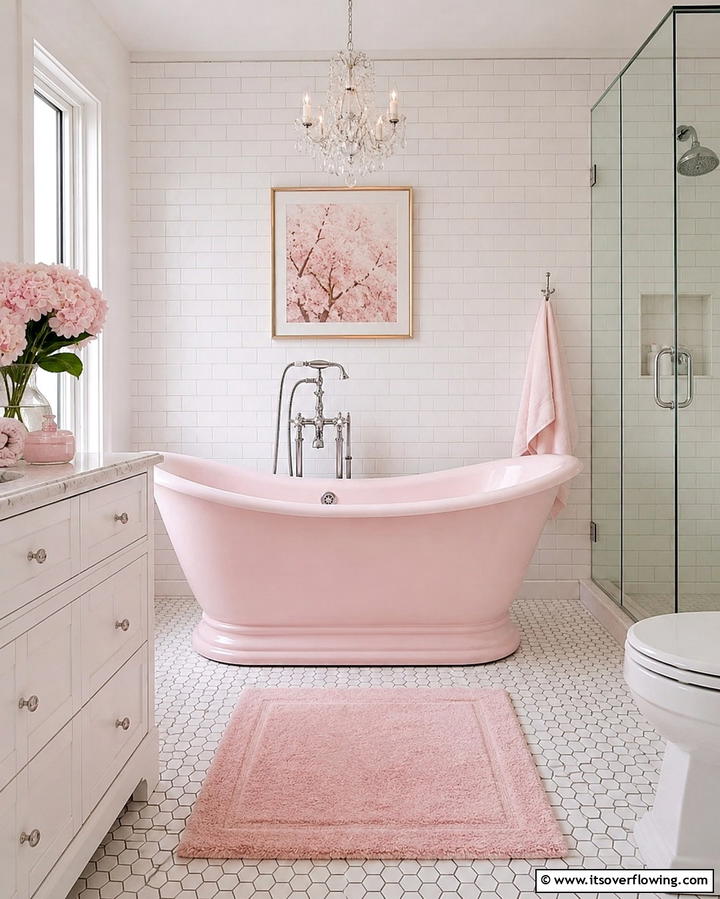 Pastel Pink Bathtub for Retro Elegance - 25 Pink Bathroom Ideas for a Soft and Serene Space