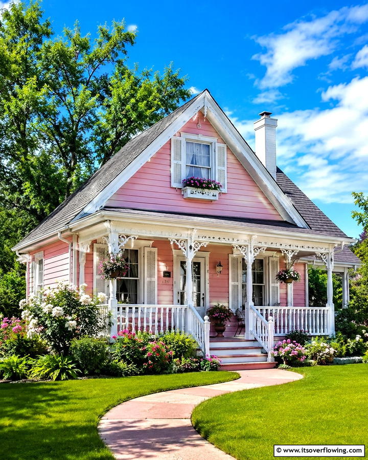 Pastel Pink with White Trim - 25 Pink House Exterior Ideas for a Charming Look