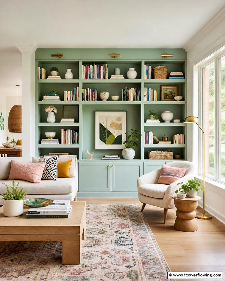 Pastel Shelving for Functional Beauty - 25 Pastel Living Room Ideas for a Soft and Cozy Space