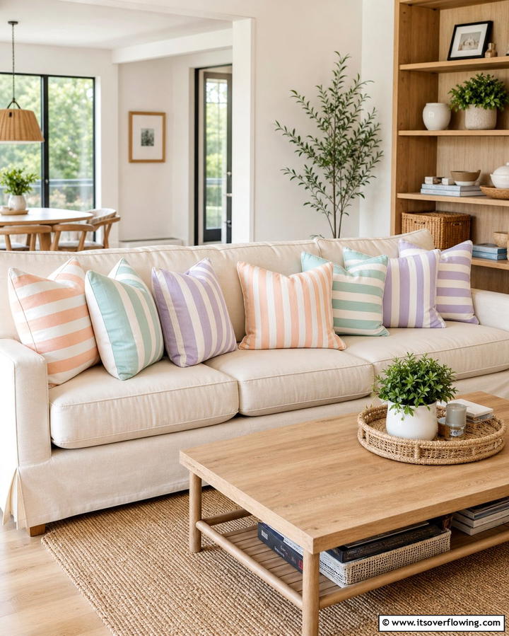Pastel Striped Throw Pillows - 25 Pastel Living Room Ideas for a Soft and Cozy Space