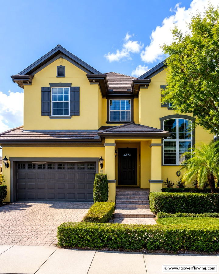 Pastel Yellow with Blue Shutters - 25 Yellow Exterior Home Ideas for a Bright Look