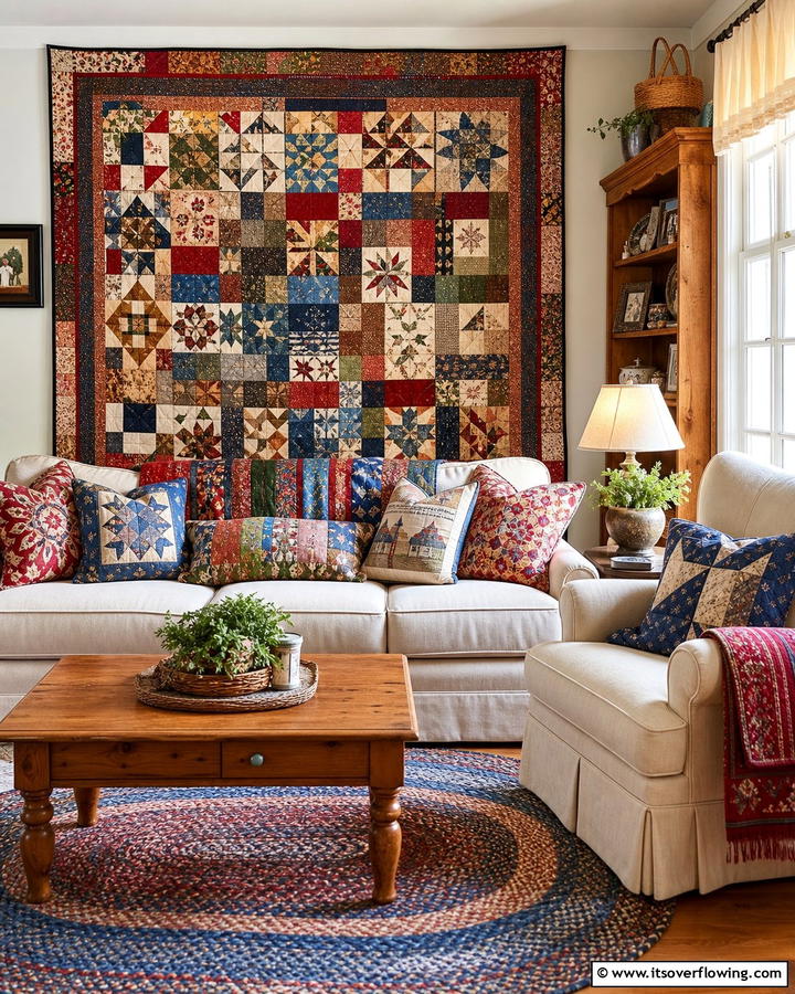 Patchwork Textile Art - 21 Country Living Room Ideas with Rustic Elegance