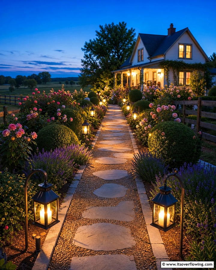 Pathway Lined with Lanterns - 20 Farmhouse Walkway Ideas for a Rustic Charm