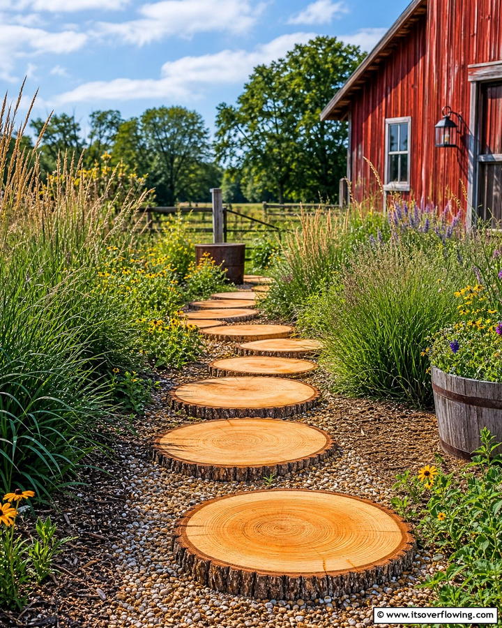Pathway with Wooden Rounds - 20 Farmhouse Walkway Ideas for a Rustic Charm