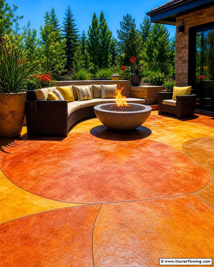 Patio with Color Enhanced Concrete and Fire Feature - 25 Stamped Concrete Patio With Fire Pit Ideas