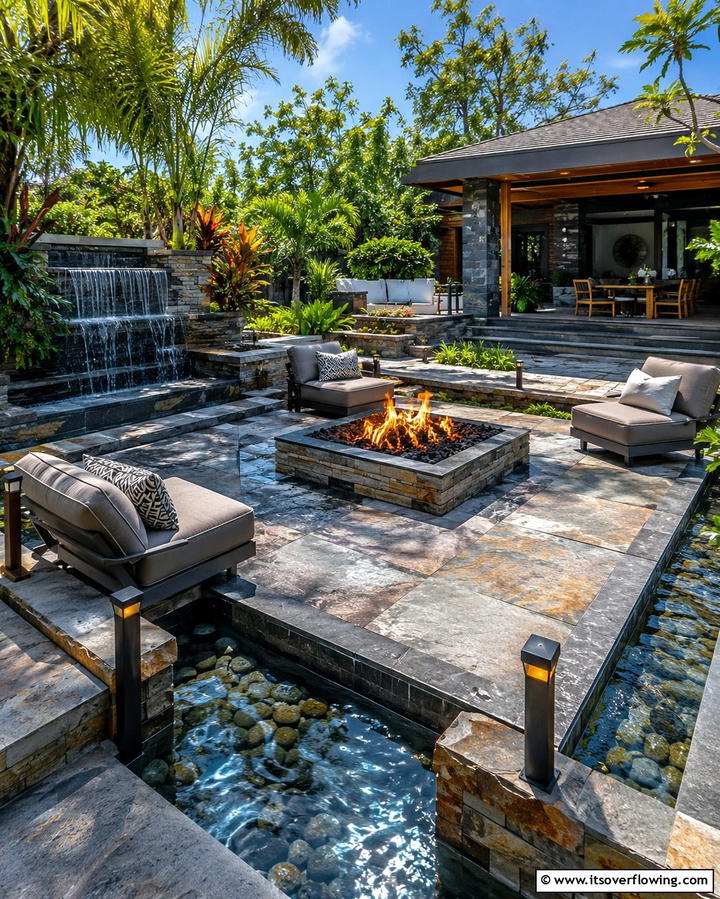 Patio with Water and Fire Elements - 20 Stone Patio With a Fire Pit Ideas for Cozy Nights