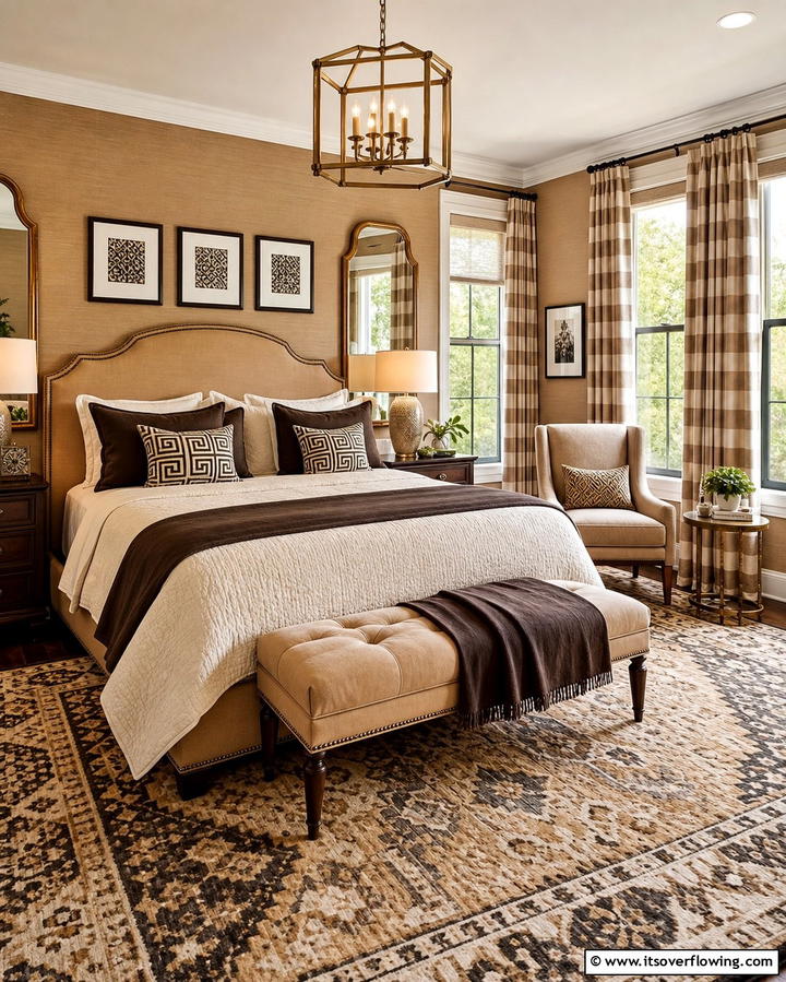 Pattern Play with Tan Textiles - 25 Tan Bedroom Ideas for a Warm and Cozy Space
