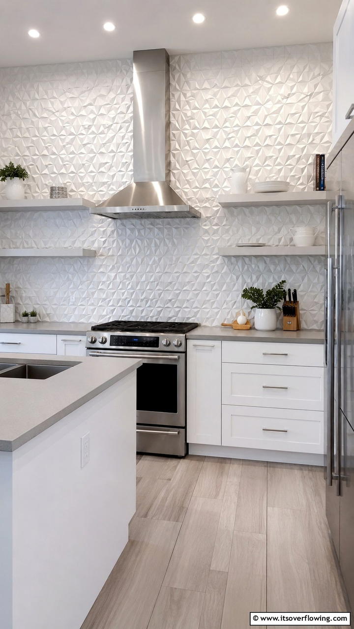 Patterned 3D Tiles - 21 Modern White Kitchen Backsplash Ideas for Style