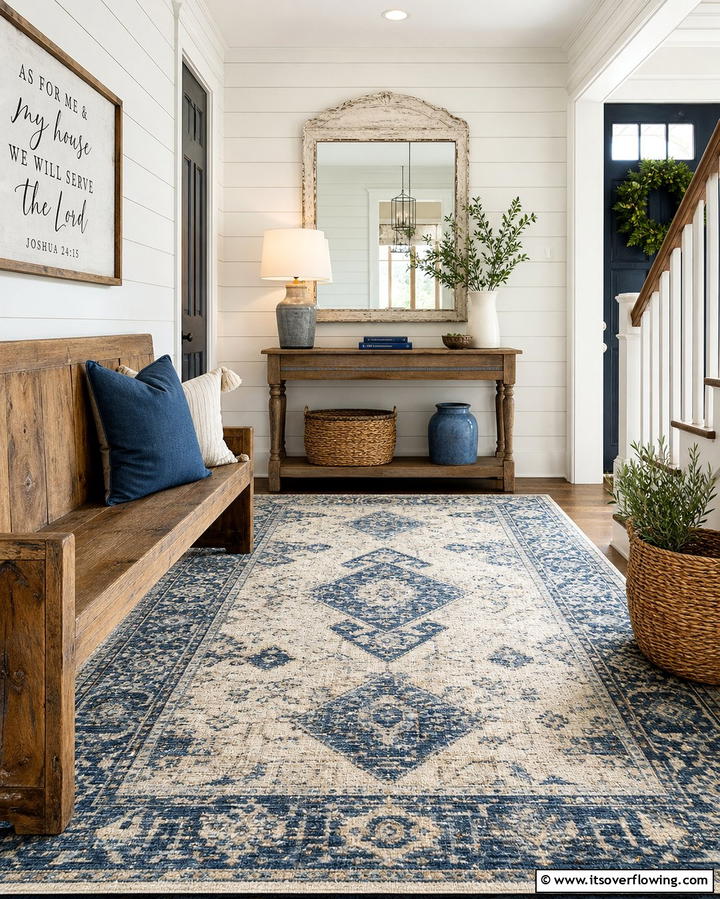 Patterned Area Rugs - 25 Farmhouse Entryway Ideas for a Warm and Welcoming First Impression