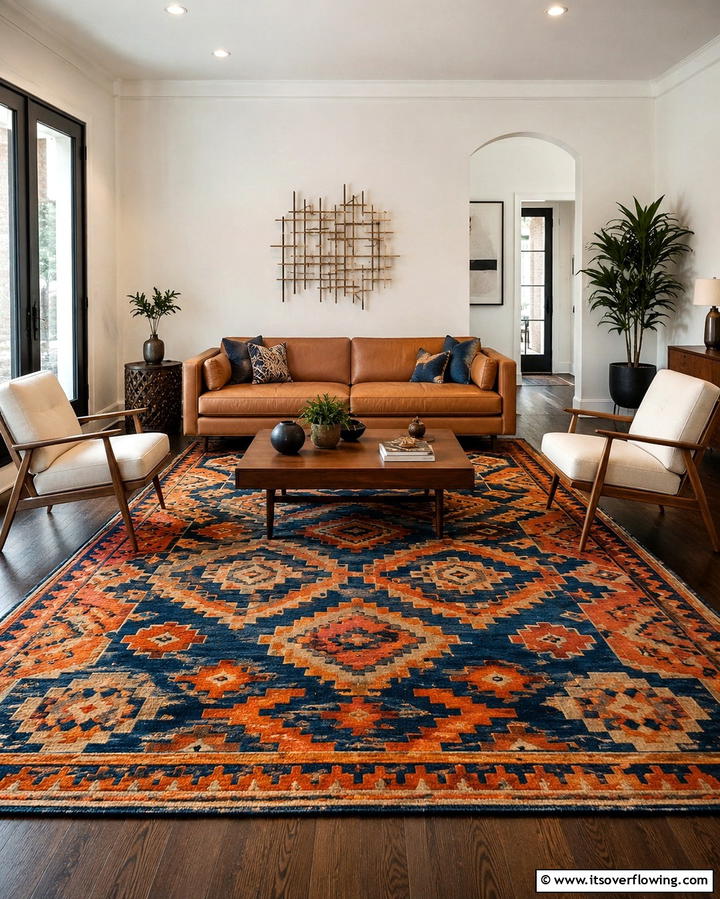 Patterned Area Rugs - 25 Orange and Blue Living Room Ideas for a Bold Look