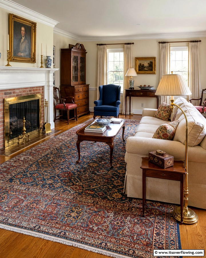Patterned Area Rugs - 20 Colonial Living Room Ideas for a Classic and Timeless Look