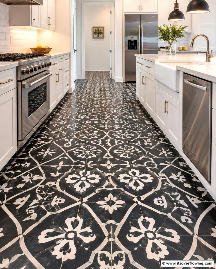 Patterned Black Tiles for Artistic Flair - 25 Black Kitchen Floor Ideas for a Sleek and Stylish Space