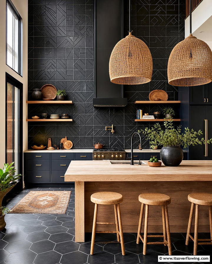 Patterned Black Tiles - 25 Kitchen With Black Backsplash Ideas for Drama