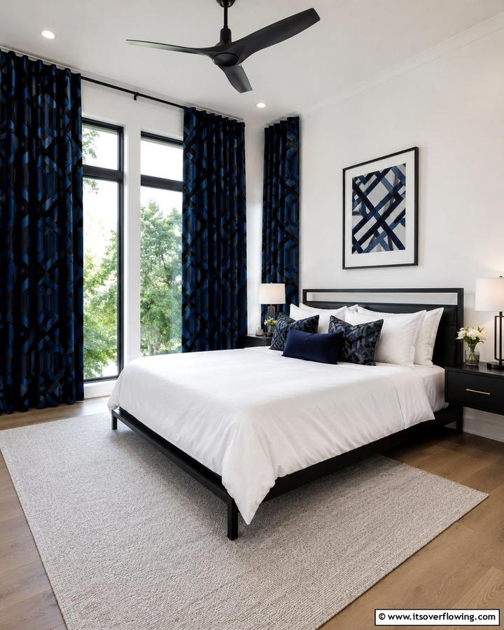 Patterned Black and Blue Curtains - 25 Black and Blue Bedroom Ideas for a Bold Statement