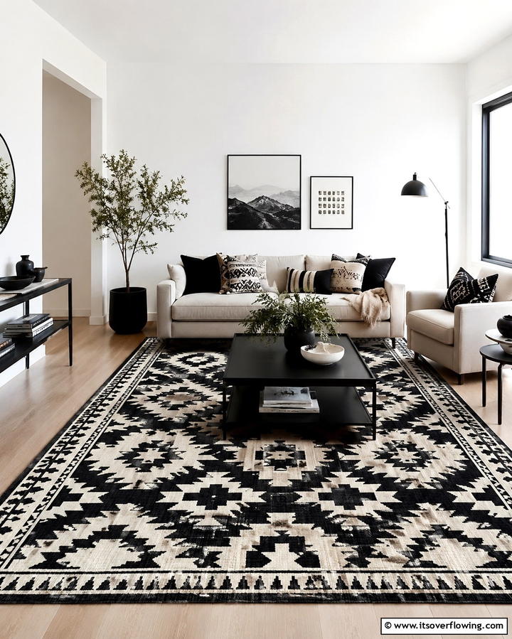 Patterned Black and White Rugs - 25 Black and White Living Room Ideas for a Classic Look
