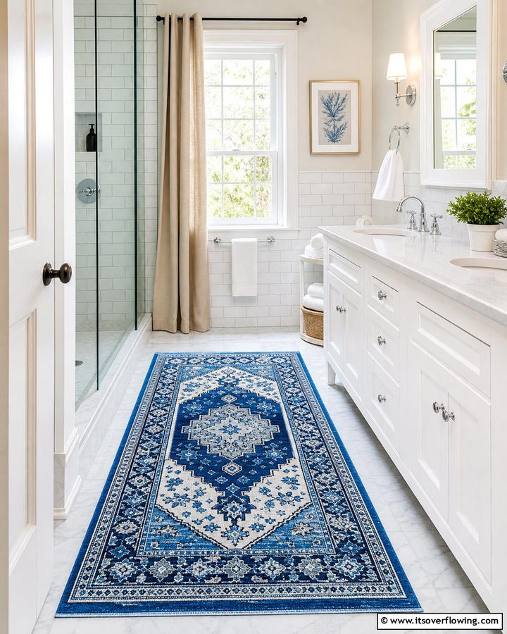 Patterned Blue Rugs - 25 Blue Bathroom Ideas for a Serene Retreat