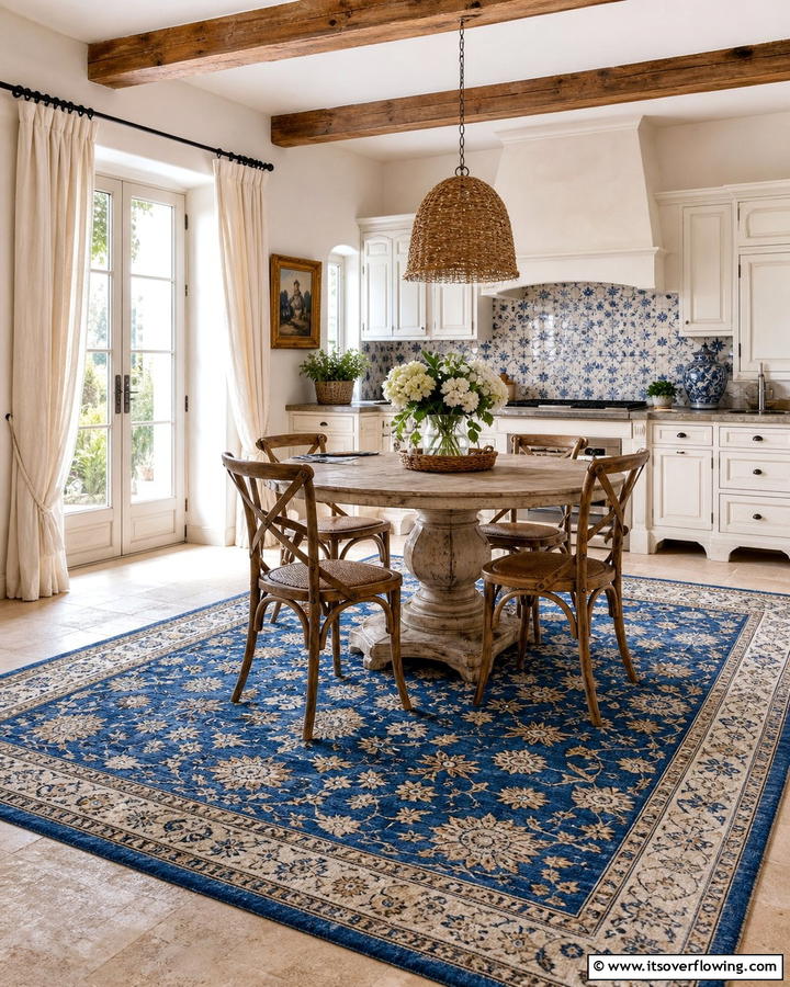 Patterned Blue Rugs - 20 Blue French Country Kitchen Ideas- Charming & Bright