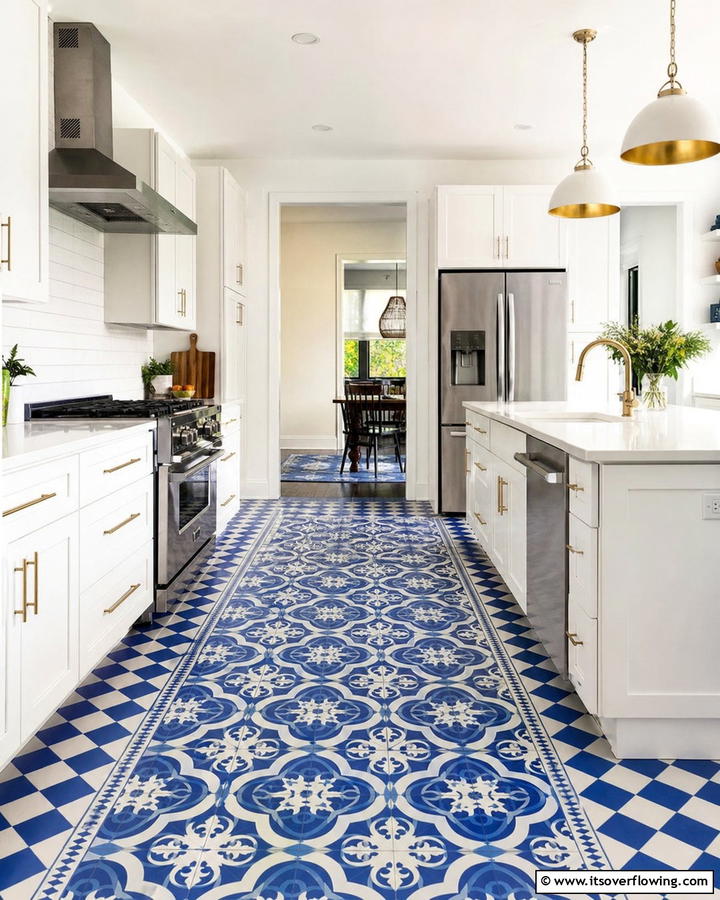 Patterned Blue and White Floor Tiles - 25 Blue and White Kitchen Ideas for a Fresh and Timeless Look