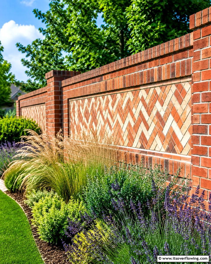 Patterned Brick Accent - 30 Classic Brick Fence Ideas for Timeless Outdoor Security & Charm