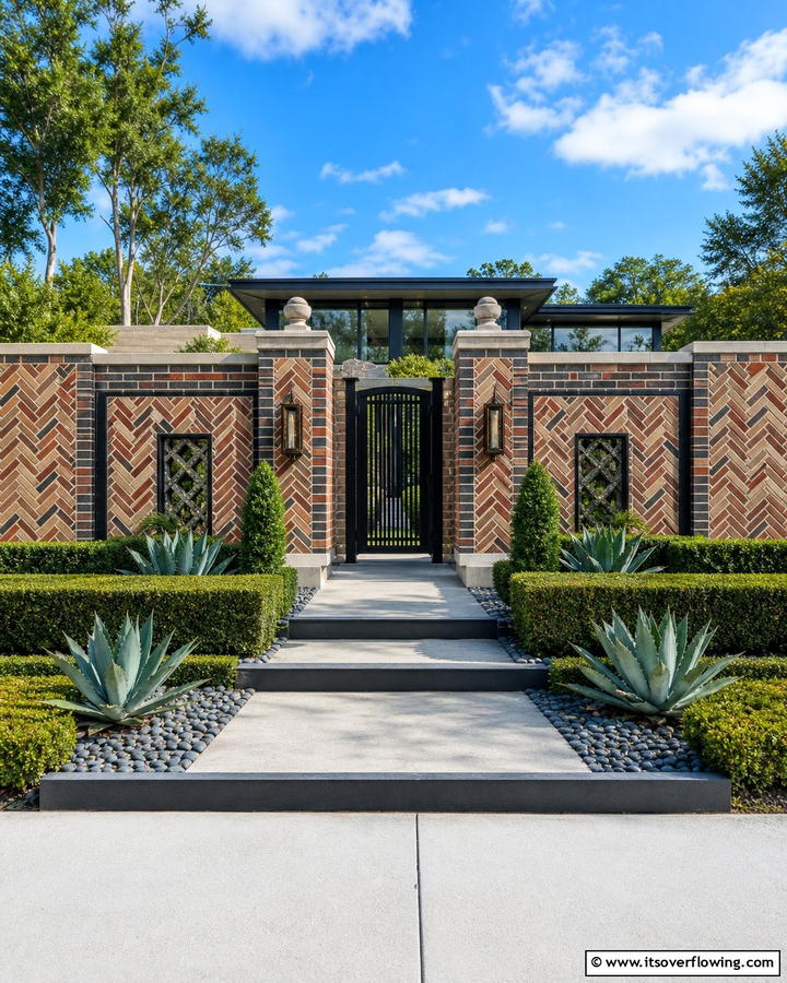 Patterned Brick Fence with Geometric Designs - 20 Front Yard Brick Fence Ideas for a Classic Look