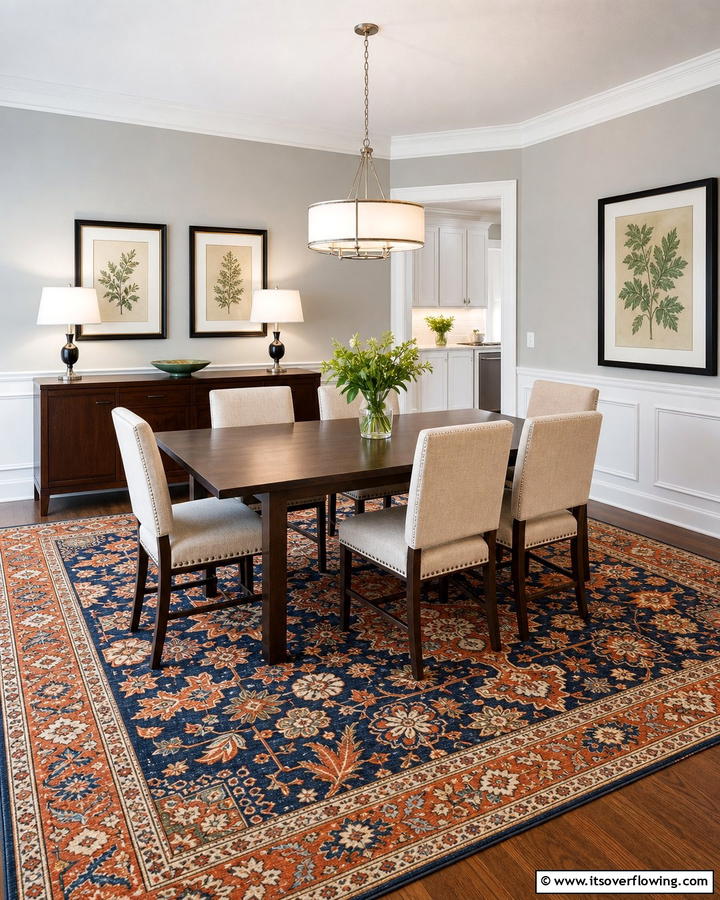 Patterned Carpets for Visual Interest - 20 Cozy Carpeted Dining Room Ideas for Comfort