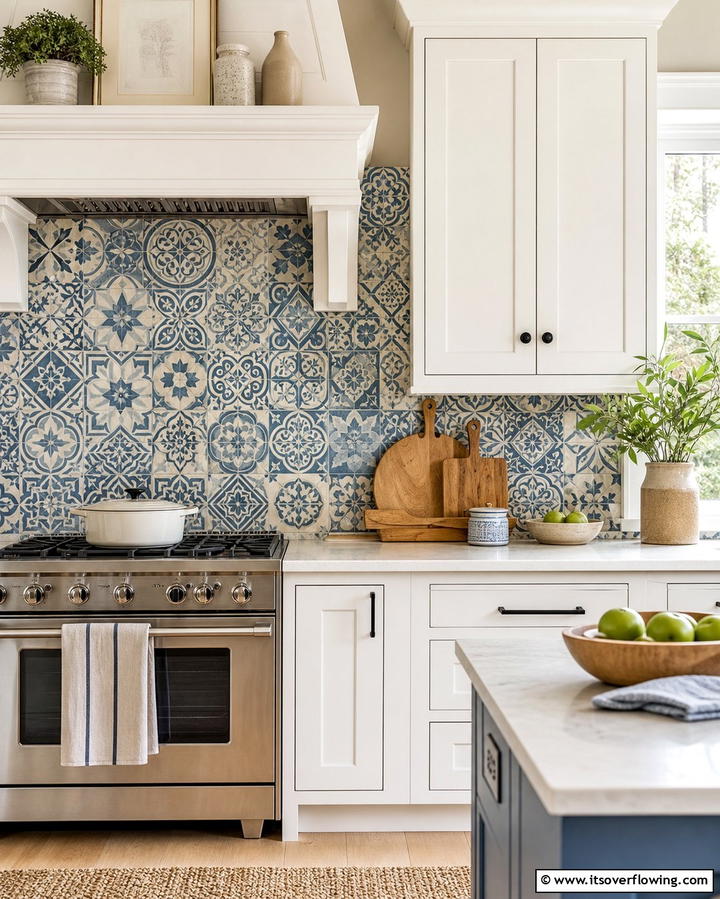 Patterned Cement Tiles - 25 Rustic Backsplash Ideas for a Farmhouse Kitchen