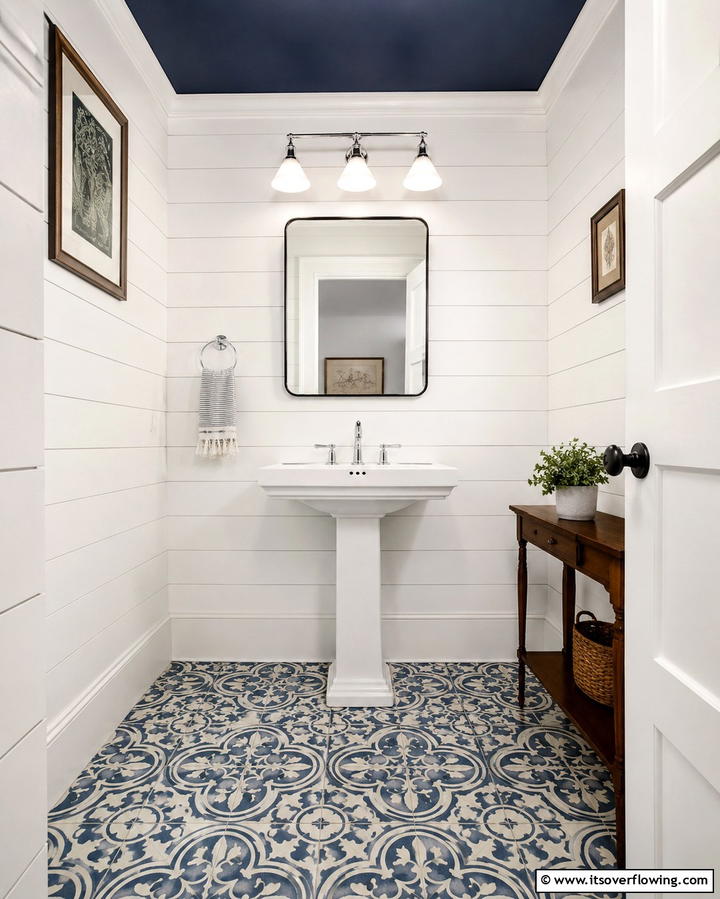 Patterned Cement Tiles - 30 Powder Room Floor Tile Ideas for Elegant Small Spaces