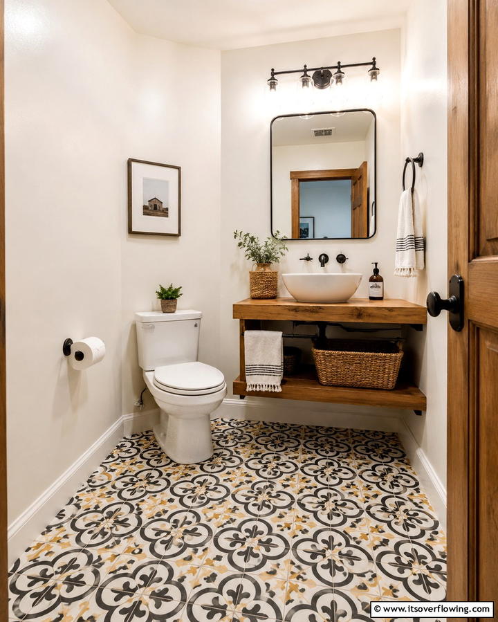 Patterned Cement Tiles for Artisan Appeal - 30 Powder Room Floor Tile Ideas for Elegant Small Spaces