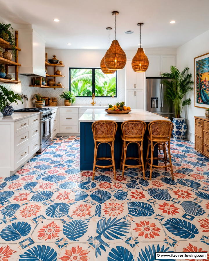 Patterned Floor Tiles - 20 Tropical Kitchen Ideas for a Vibrant Look