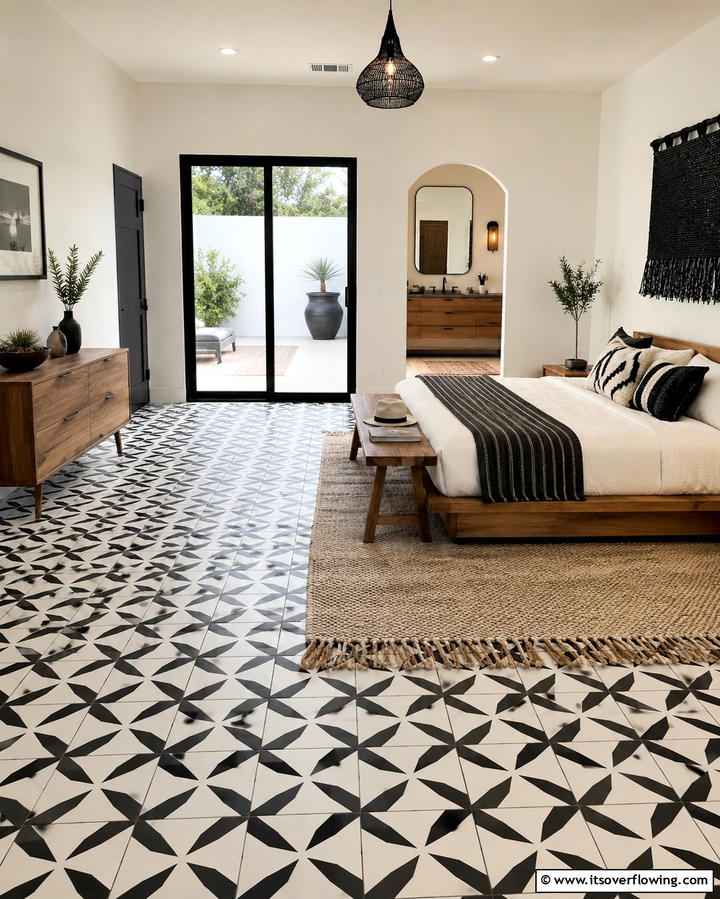Patterned Floor Tiles - 30 Moody Dark Boho Bedroom Decor Inspirations for Cozy Nights