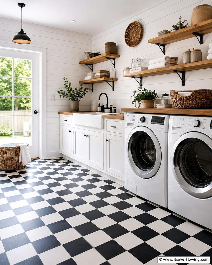Patterned Floor Tiles - 20 Vintage Laundry Room Decor Ideas for a Retro Look