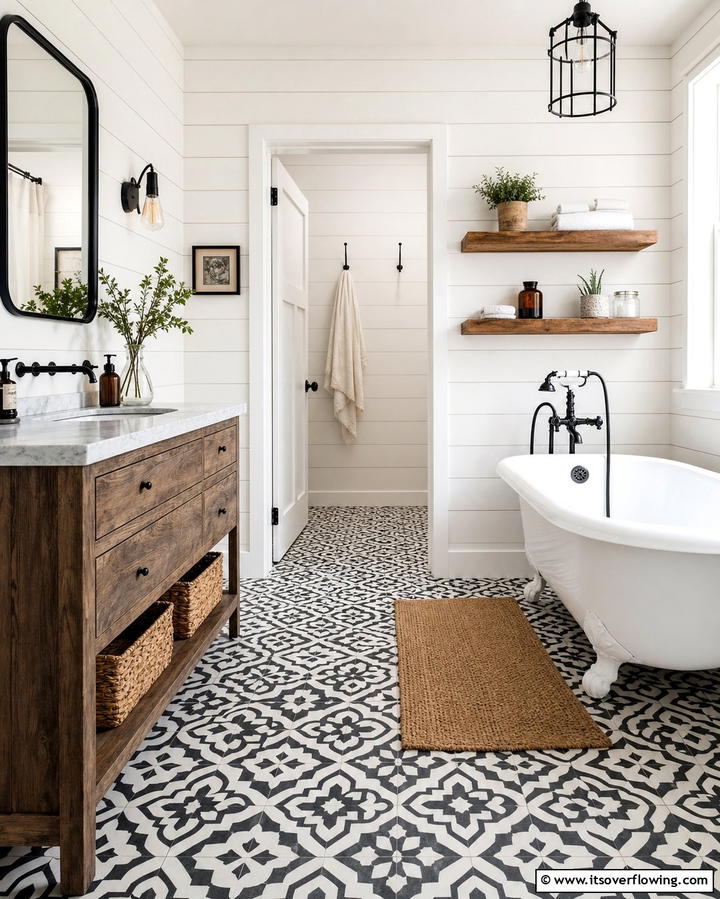Patterned Floor Tiles - 25 Farmhouse Bathroom Ideas for a Rustic and Relaxing Retreat