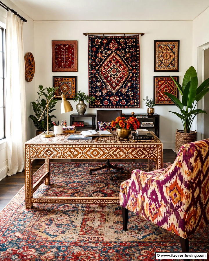 Patterned Furnishings and Boho Spirit Study - 30 Bohemian Home Office Ideas for Eclectic Workspace Vibes