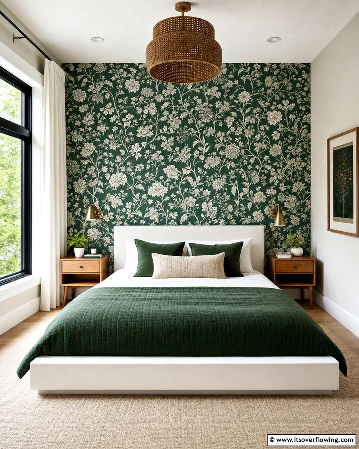 Patterned Green and White Wallpaper - 25 Green and White Bedroom Ideas for Serenity