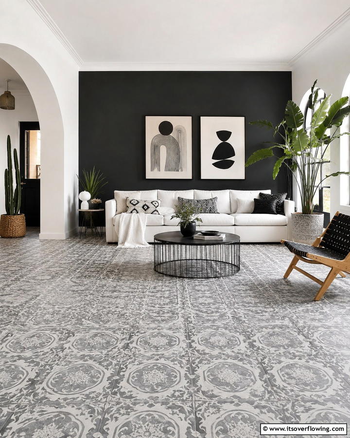 Patterned Grey Tiles for Visual Interest - 30 Grey Flooring Living Room Ideas for Modern Elegance