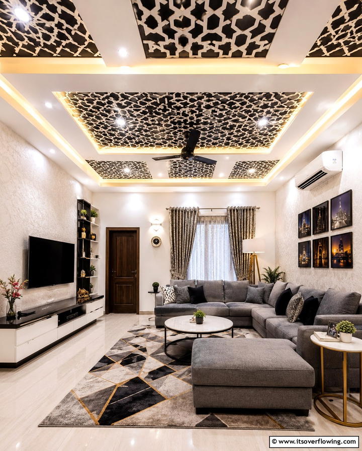 Patterned Pop Panels - 30 Pop Ceiling Design Ideas for Modern Home Interiors