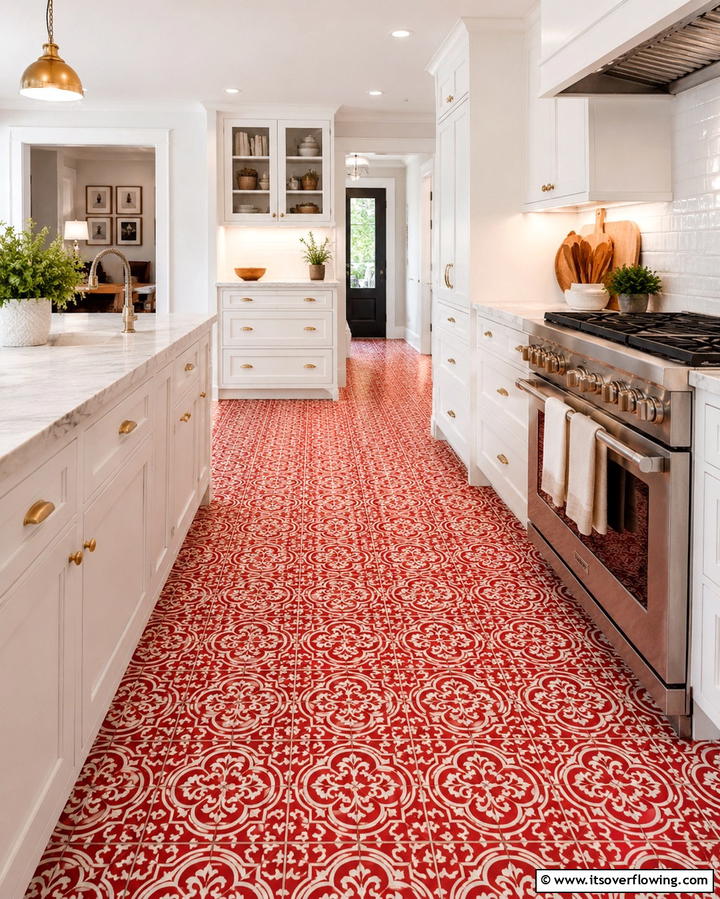 Patterned Red Flooring - 30 Bold Red Kitchen Ideas for a Vibrant Cooking Space