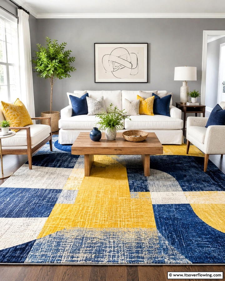 Patterned Rugs Blending Yellow and Blue - 25 Yellow and Blue Living Room Ideas for a Fresh Look