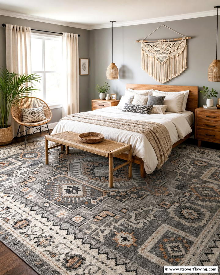 Patterned Rugs for Visual Interest - 20 Grey Boho Bedroom Ideas for a Cozy Vibe