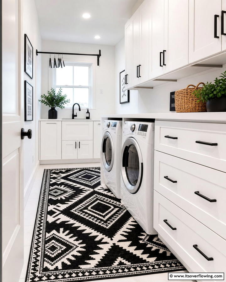Patterned Rugs in Black and White - 20 Black and White Laundry Room Ideas for Style