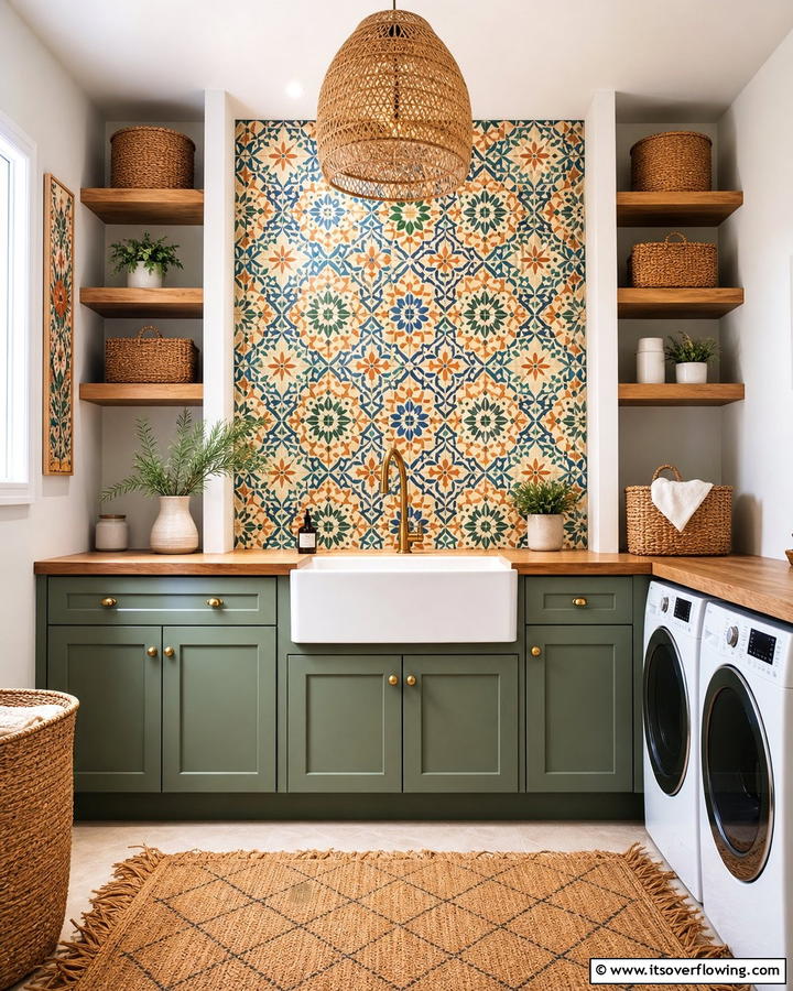 Patterned Tile Backsplash - 25 Boho Laundry Room Ideas for a Stylish and Functional Space